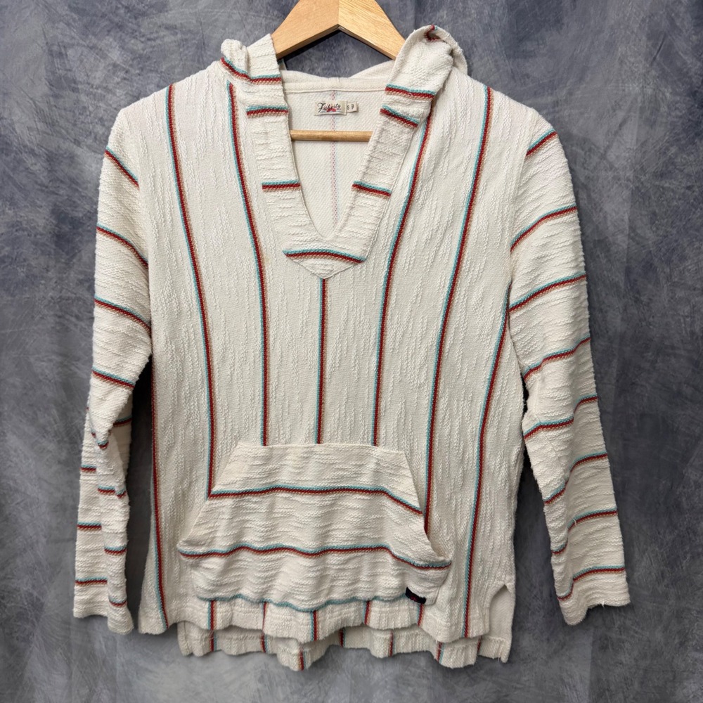 Faherty Brand Women Cream Striped Slub Cotton Baja Hoodie Pullover Small